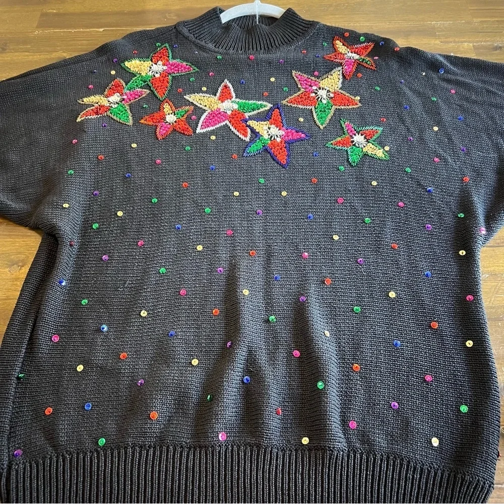 Vintage Beaded Sequin Holiday Sweater Stars Christmas Ugly Long Line Oversized L